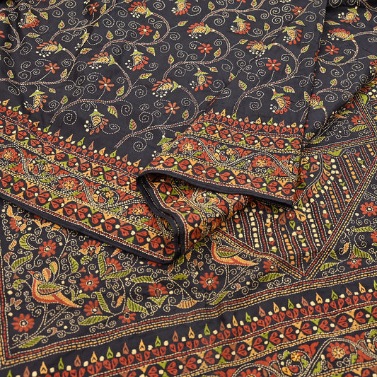 Indian Vintage Black Saree 100% Pure Silk Hand Embroidered Kantha Sari Fabric 5Yd Sewing Floral Sequin
