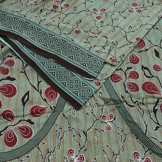 Indian Vintage Sari Green Printed Pure Cotton Saree Soft Floral 5Yd Sarong Wrap Boho Fabric Kimono Soft