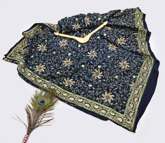 Indian Vintage Deep Green Saree Pure Crepe Silk Hand Embroidered Sari Craft Fabric 5Yd Sewing Soft Zari Dress making