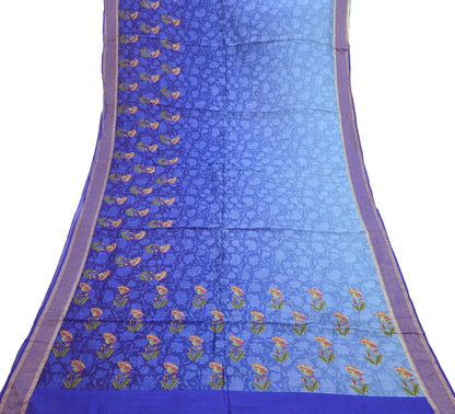 Indian Vintage Sari Blue & Purple Blend Silk Woven Digital Printed Saree Craft Fabric 5yd Soft Dress Designing Crafting Quilting Zari Border