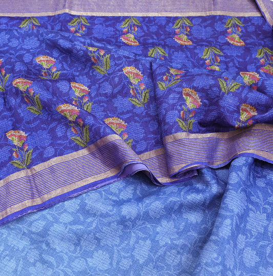 Indian Vintage Sari Blue & Purple Blend Silk Woven Digital Printed Saree Craft Fabric 5yd Soft Dress Designing Crafting Quilting Zari Border