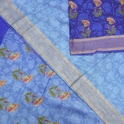 Indian Vintage Sari Blue & Purple Blend Silk Woven Digital Printed Saree Craft Fabric 5yd Soft Dress Designing Crafting Quilting Zari Border
