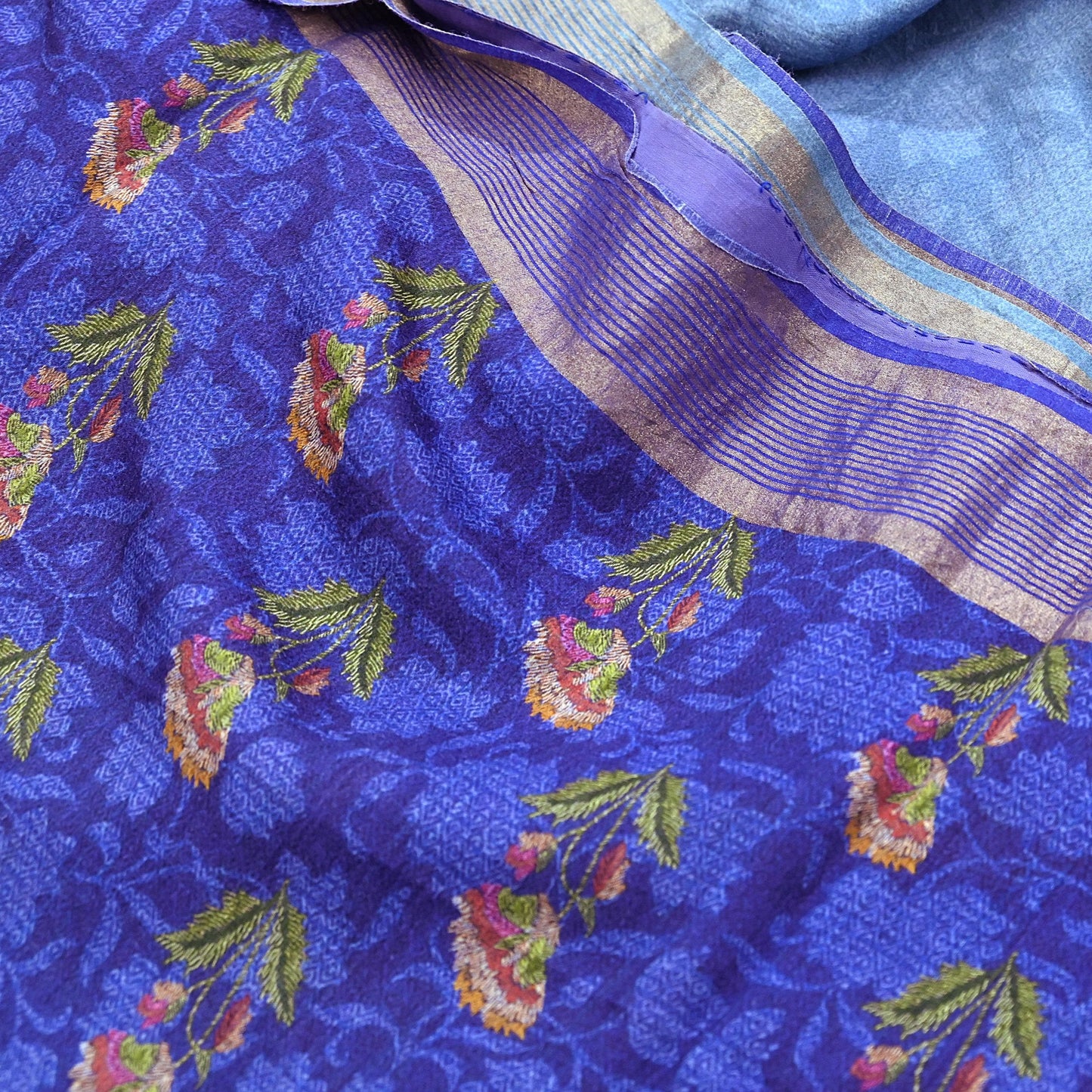 Indian Vintage Sari Blue & Purple Blend Silk Woven Digital Printed Saree Craft Fabric 5yd Soft Dress Designing Crafting Quilting Zari Border