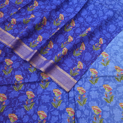Indian Vintage Sari Blue & Purple Blend Silk Woven Digital Printed Saree Craft Fabric 5yd Soft Dress Designing Crafting Quilting Zari Border