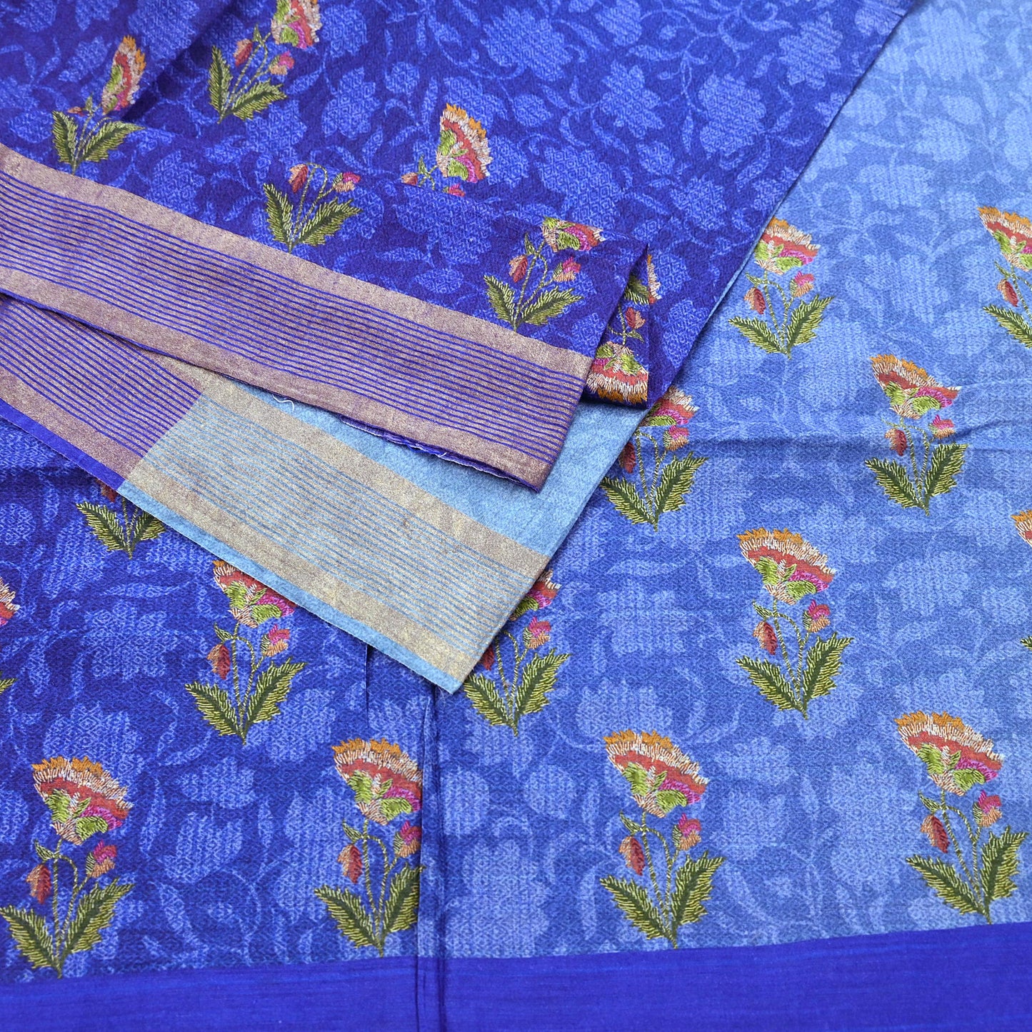 Indian Vintage Sari Blue & Purple Blend Silk Woven Digital Printed Saree Craft Fabric 5yd Soft Dress Designing Crafting Quilting Zari Border