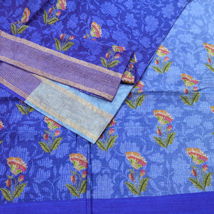 Indian Vintage Sari Blue & Purple Blend Silk Woven Digital Printed Saree Craft Fabric 5yd Soft Dress Designing Crafting Quilting Zari Border