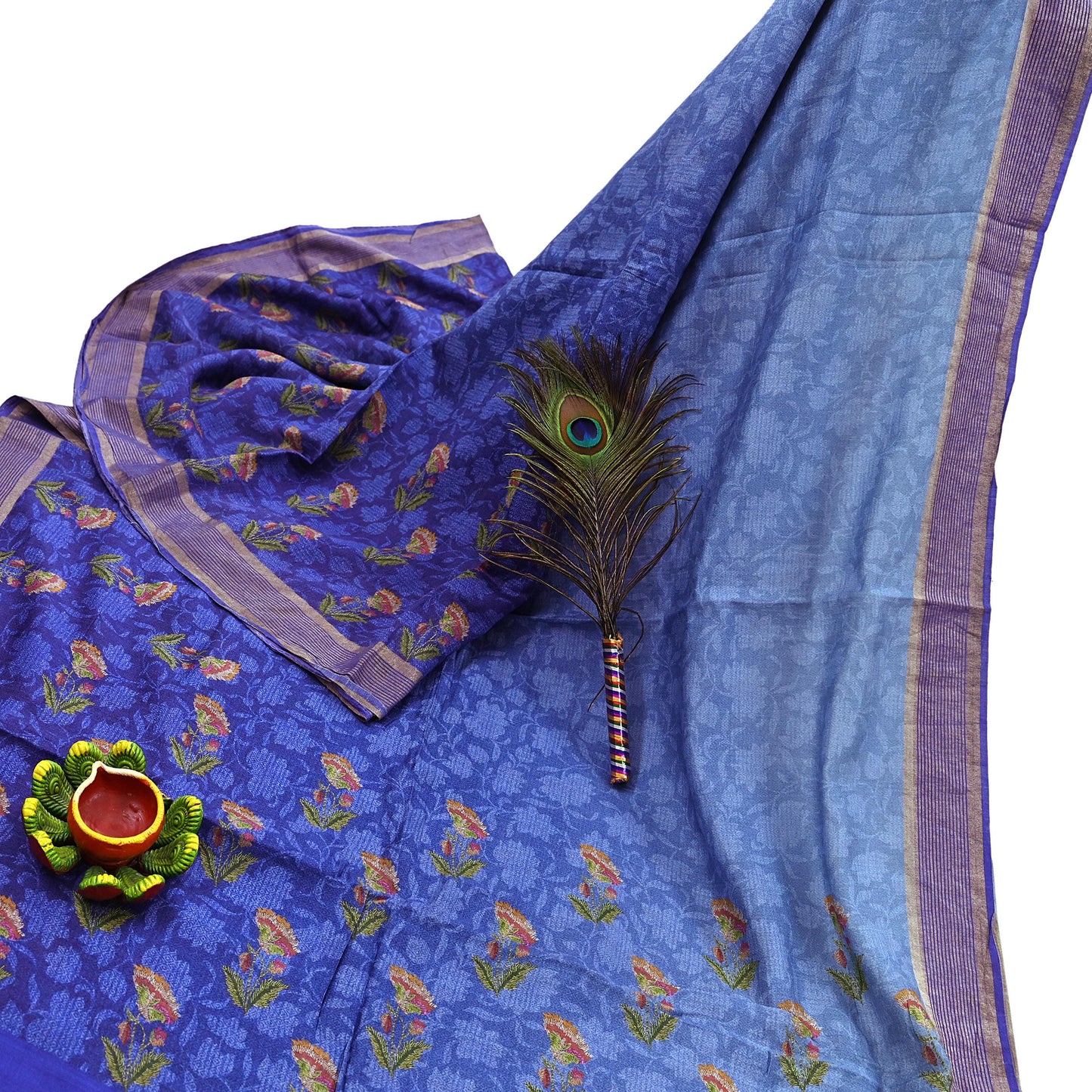 Indian Vintage Sari Blue & Purple Blend Silk Woven Digital Printed Saree Craft Fabric 5yd Soft Dress Designing Crafting Quilting Zari Border