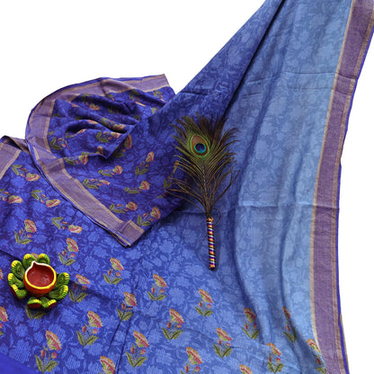 Indian Vintage Sari Blue & Purple Blend Silk Woven Digital Printed Saree Craft Fabric 5yd Soft Dress Designing Crafting Quilting Zari Border