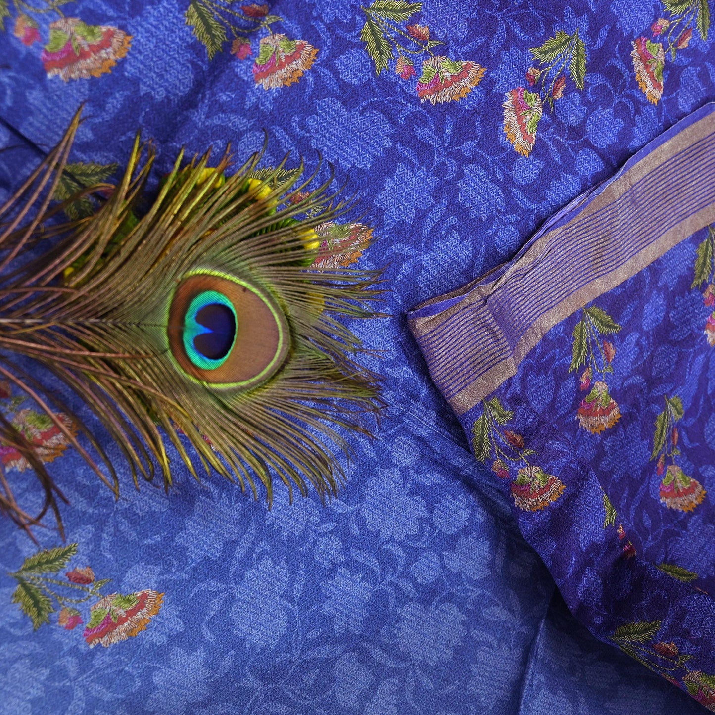 Indian Vintage Sari Blue & Purple Blend Silk Woven Digital Printed Saree Craft Fabric 5yd Soft Dress Designing Crafting Quilting Zari Border