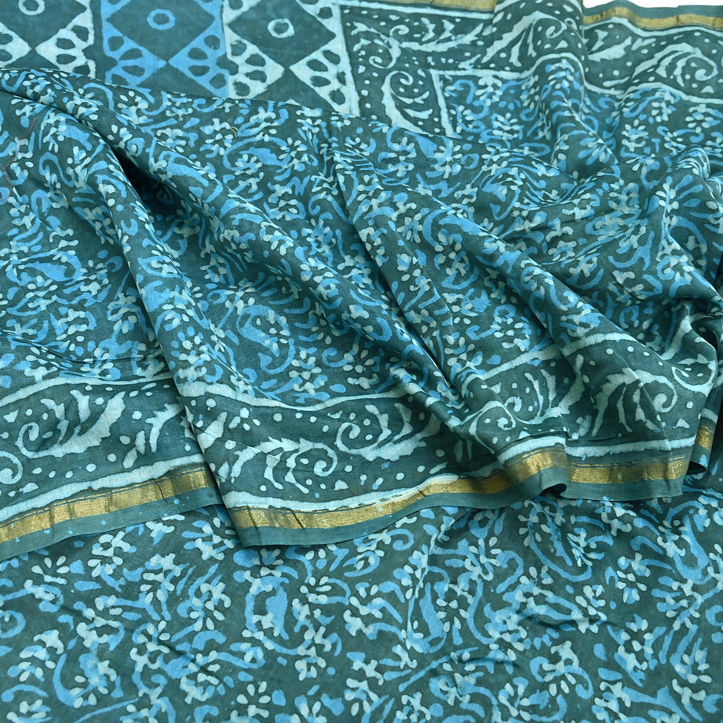 Indian Vintage Sari Blue Green chanderi Silk Bagru Printed Saree 6Yd Fabric Floral Soft Zari Border Ethnic Upcycle Crafting Dress making
