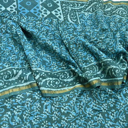 Indian Vintage Sari Blue Green chanderi Silk Bagru Printed Saree 6Yd Fabric Floral Soft Zari Border Ethnic Upcycle Crafting Dress making