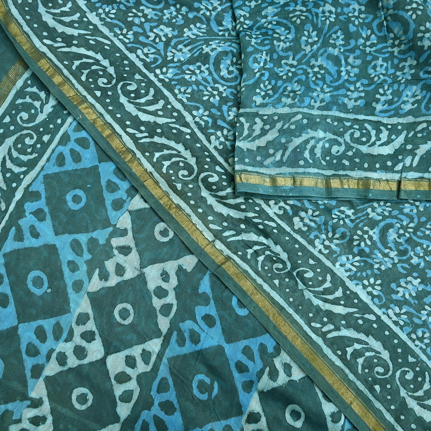 Indian Vintage Sari Blue Green chanderi Silk Bagru Printed Saree 6Yd Fabric Floral Soft Zari Border Ethnic Upcycle Crafting Dress making