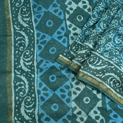Indian Vintage Sari Blue Green chanderi Silk Bagru Printed Saree 6Yd Fabric Floral Soft Zari Border Ethnic Upcycle Crafting Dress making