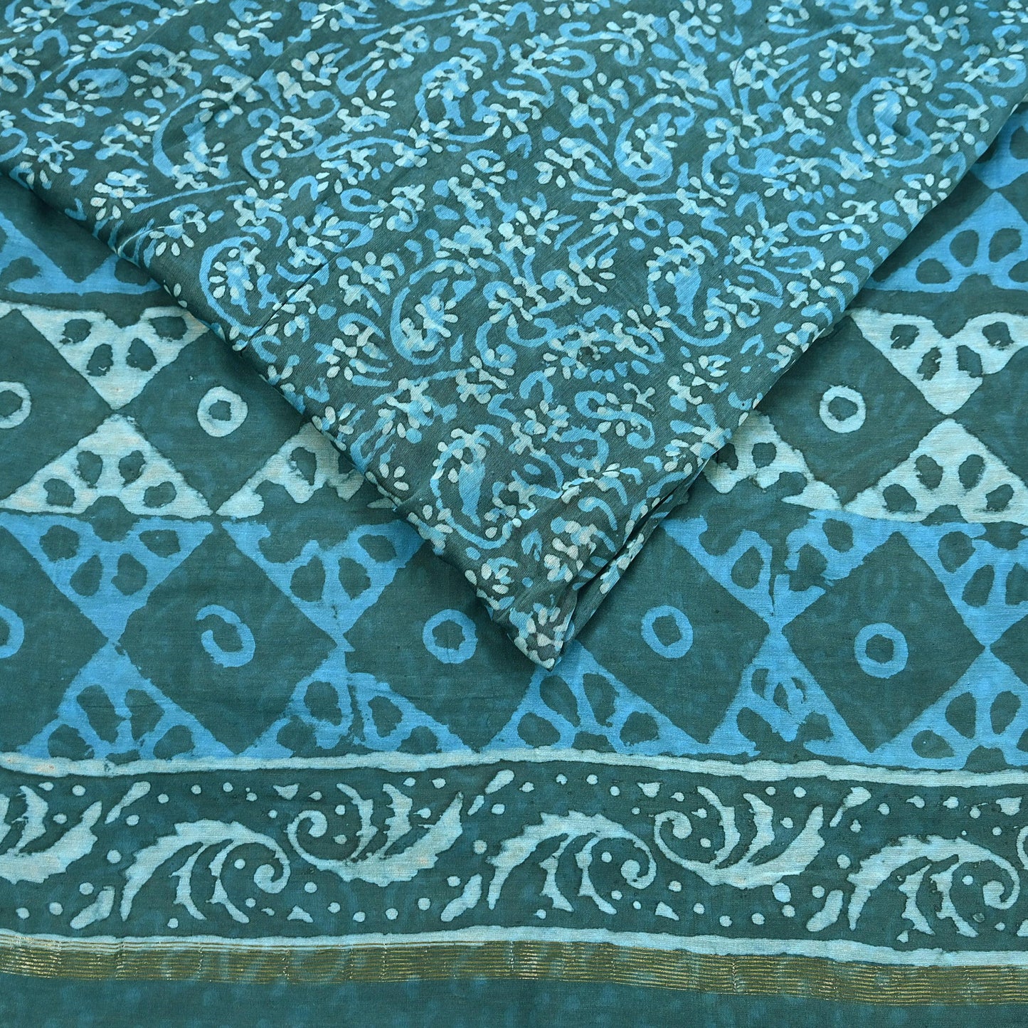 Indian Vintage Sari Blue Green chanderi Silk Bagru Printed Saree 6Yd Fabric Floral Soft Zari Border Ethnic Upcycle Crafting Dress making