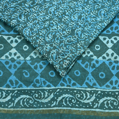 Indian Vintage Sari Blue Green chanderi Silk Bagru Printed Saree 6Yd Fabric Floral Soft Zari Border Ethnic Upcycle Crafting Dress making