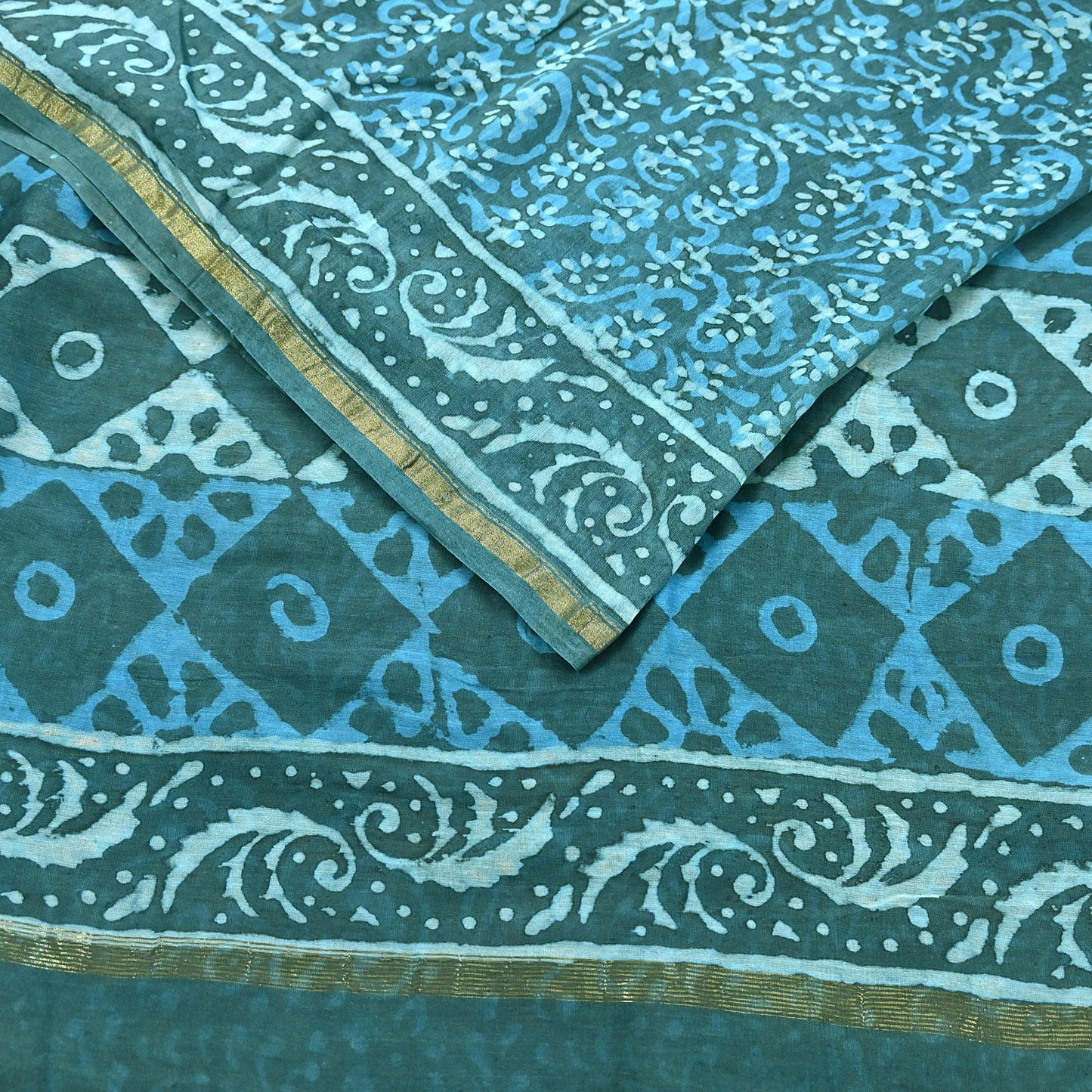 Indian Vintage Sari Blue Green chanderi Silk Bagru Printed Saree 6Yd Fabric Floral Soft Zari Border Ethnic Upcycle Crafting Dress making