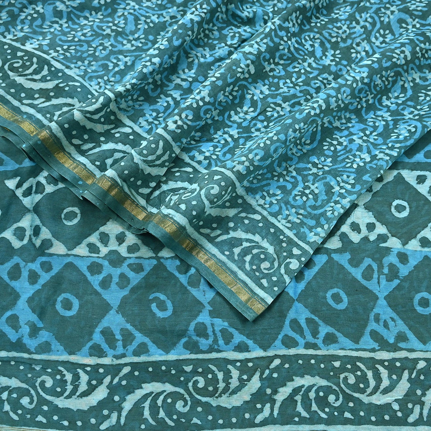 Indian Vintage Sari Blue Green chanderi Silk Bagru Printed Saree 6Yd Fabric Floral Soft Zari Border Ethnic Upcycle Crafting Dress making
