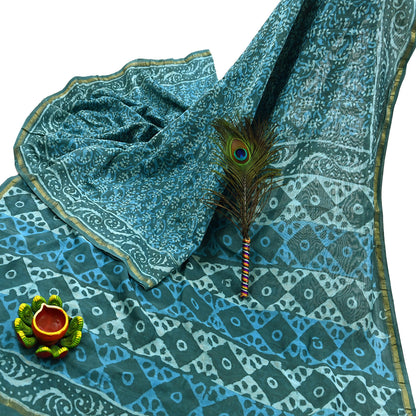 Indian Vintage Sari Blue Green chanderi Silk Bagru Printed Saree 6Yd Fabric Floral Soft Zari Border Ethnic Upcycle Crafting Dress making