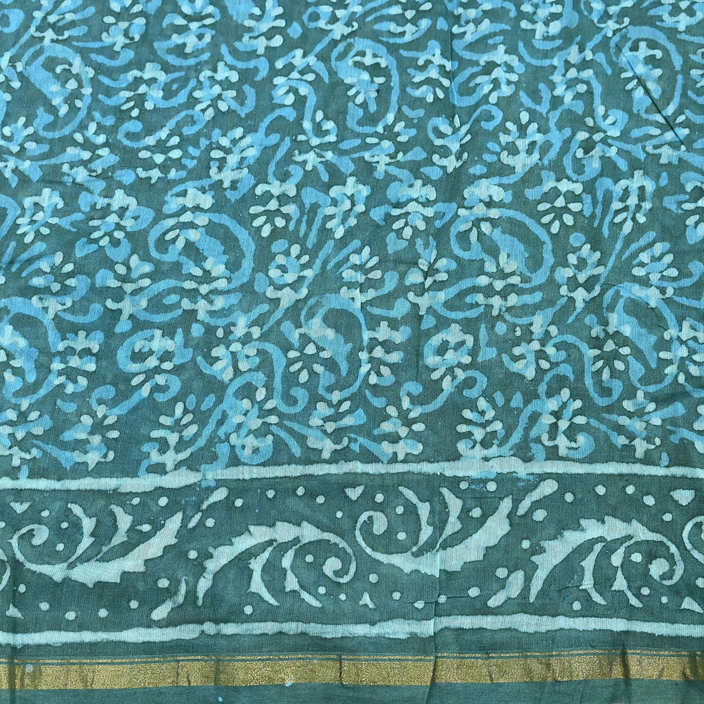 Indian Vintage Sari Blue Green chanderi Silk Bagru Printed Saree 6Yd Fabric Floral Soft Zari Border Ethnic Upcycle Crafting Dress making