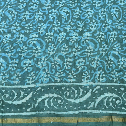 Indian Vintage Sari Blue Green chanderi Silk Bagru Printed Saree 6Yd Fabric Floral Soft Zari Border Ethnic Upcycle Crafting Dress making