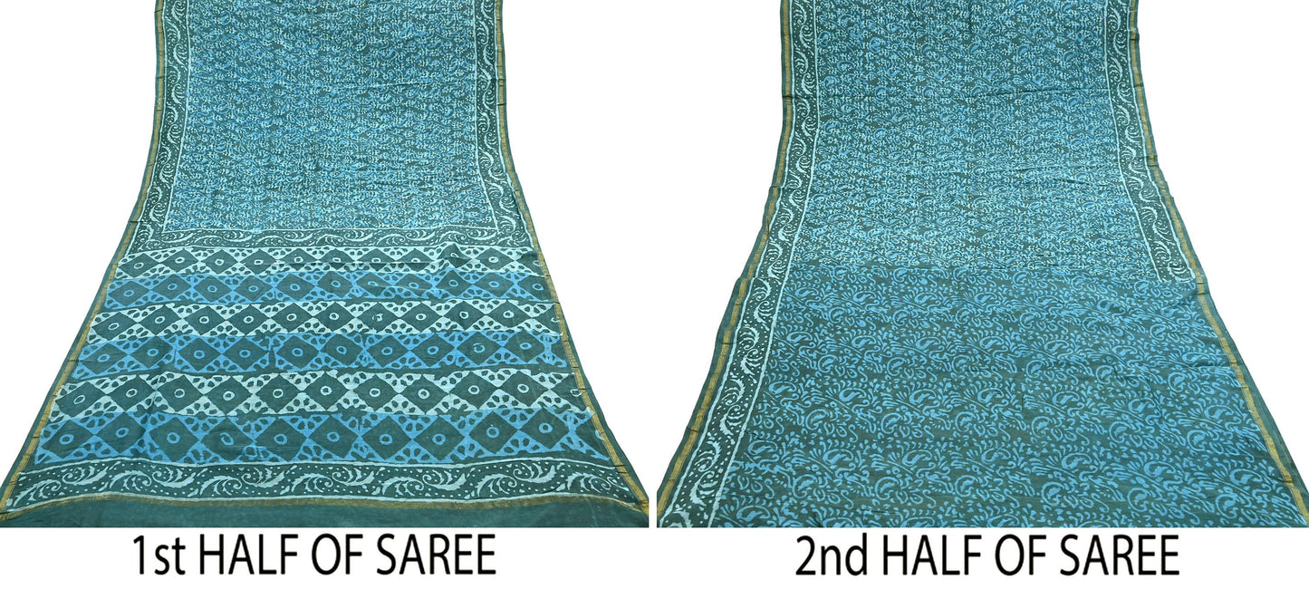 Indian Vintage Sari Blue Green chanderi Silk Bagru Printed Saree 6Yd Fabric Floral Soft Zari Border Ethnic Upcycle Crafting Dress making