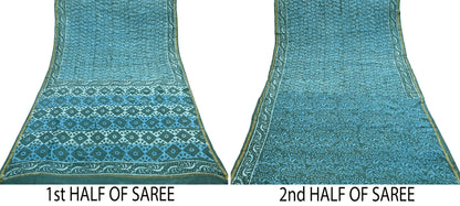 Indian Vintage Sari Blue Green chanderi Silk Bagru Printed Saree 6Yd Fabric Floral Soft Zari Border Ethnic Upcycle Crafting Dress making