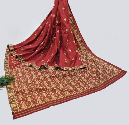 Vintage Red Pure Silk Saree Handwoven Asam Sari with Floral Design Antique Indian Wedding Saree 5yd Fabric