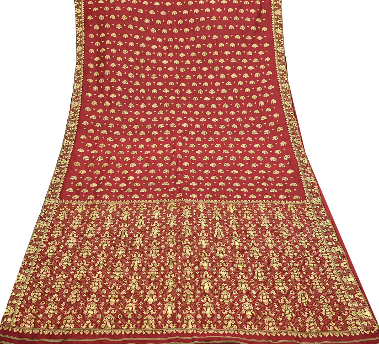 Vintage Red Pure Silk Saree Handwoven Asam Sari with Floral Design Antique Indian Wedding Saree 5yd Fabric
