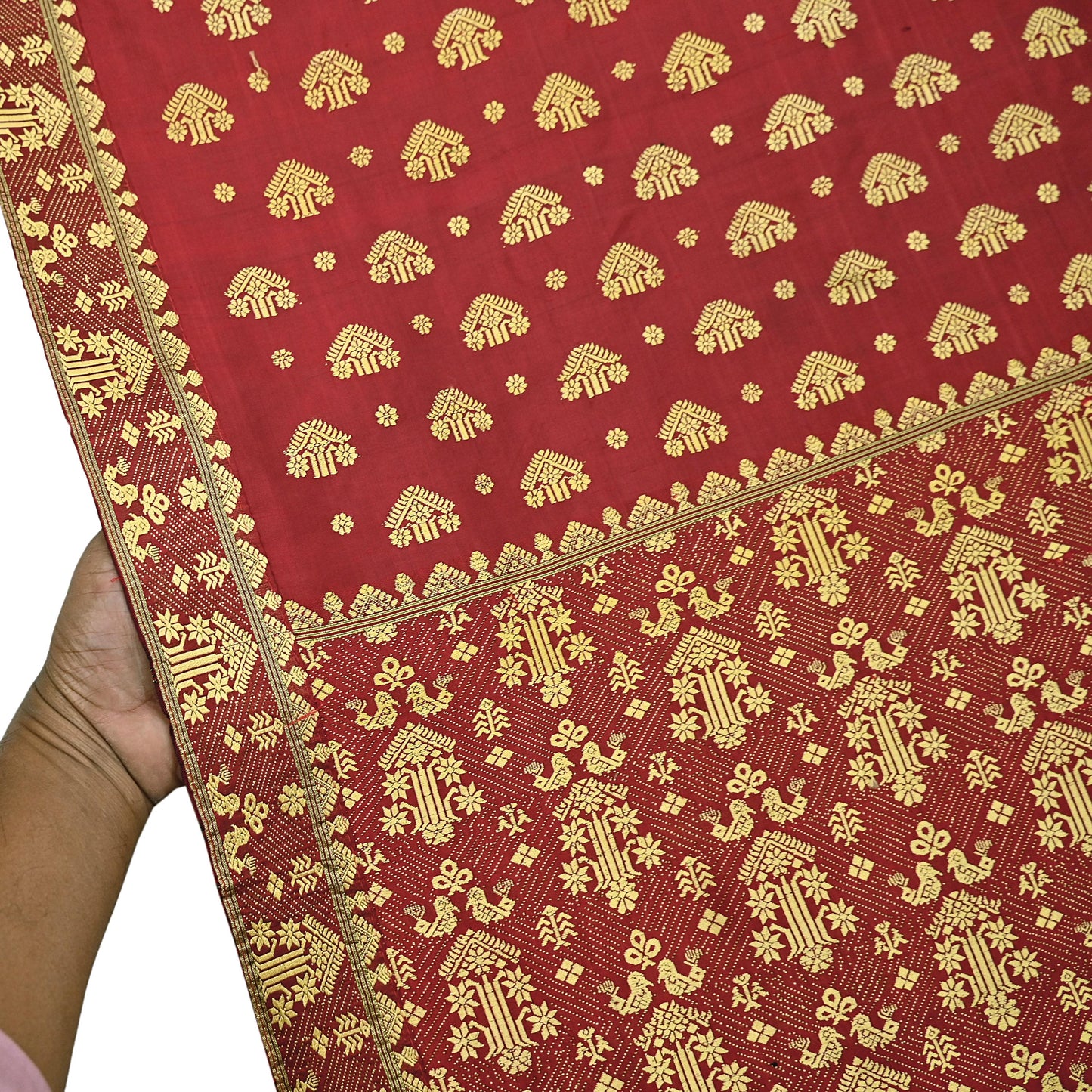 Vintage Red Pure Silk Saree Handwoven Asam Sari with Floral Design Antique Indian Wedding Saree 5yd Fabric