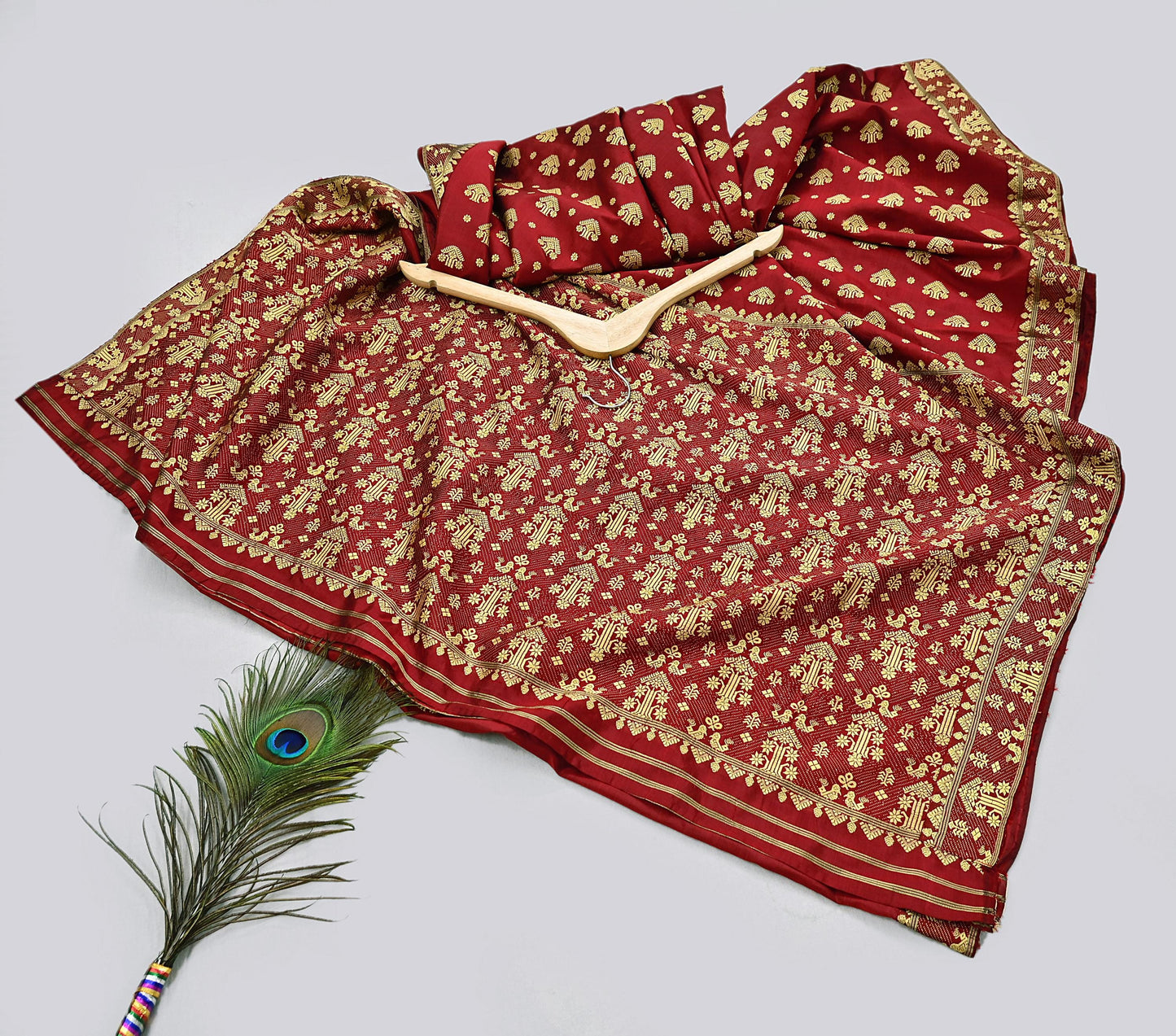 Vintage Red Pure Silk Saree Handwoven Asam Sari with Floral Design Antique Indian Wedding Saree 5yd Fabric