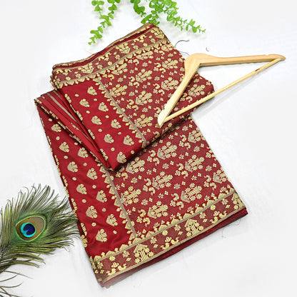 Vintage Red Pure Silk Saree Handwoven Asam Sari with Floral Design Antique Indian Wedding Saree 5yd Fabric