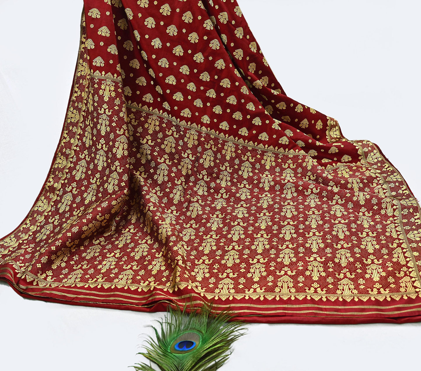 Vintage Red Pure Silk Saree Handwoven Asam Sari with Floral Design Antique Indian Wedding Saree 5yd Fabric