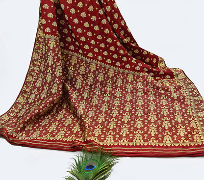 Vintage Red Pure Silk Saree Handwoven Asam Sari with Floral Design Antique Indian Wedding Saree 5yd Fabric