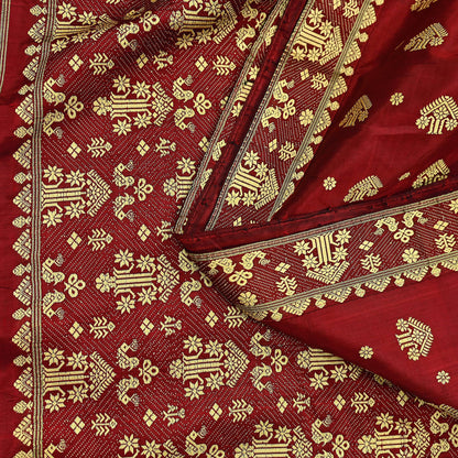 Vintage Red Pure Silk Saree Handwoven Asam Sari with Floral Design Antique Indian Wedding Saree 5yd Fabric