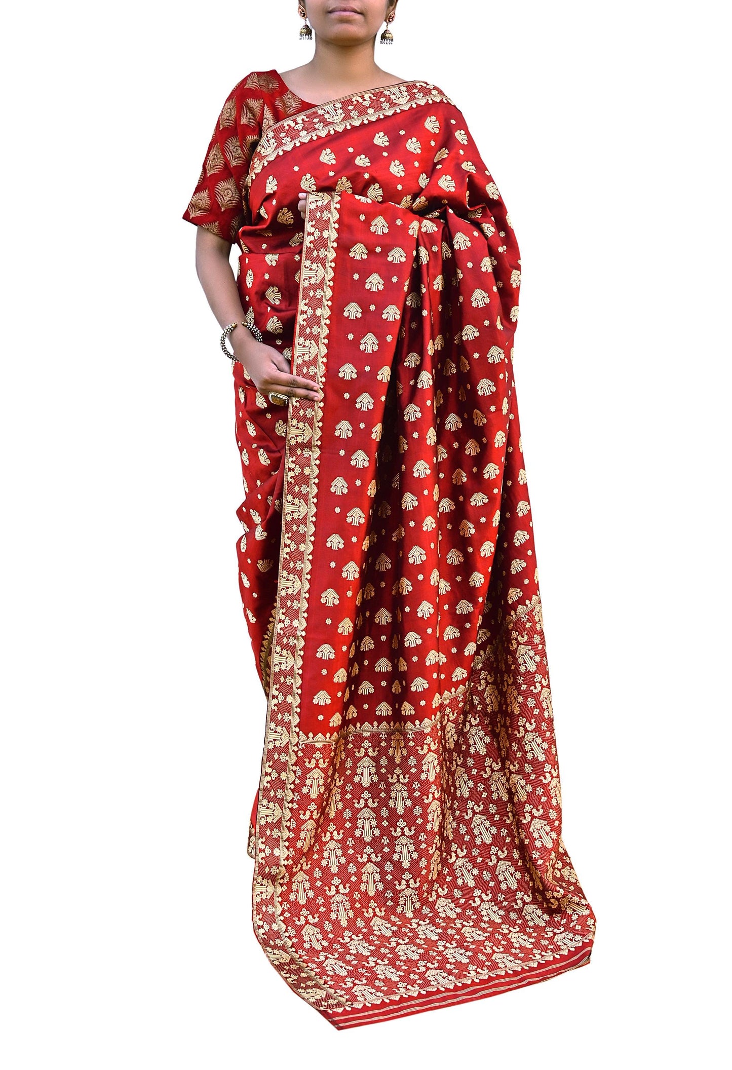 Vintage Red Pure Silk Saree Handwoven Asam Sari with Floral Design Antique Indian Wedding Saree 5yd Fabric