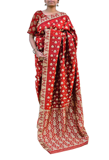 Vintage Red Pure Silk Saree Handwoven Asam Sari with Floral Design Antique Indian Wedding Saree 5yd Fabric