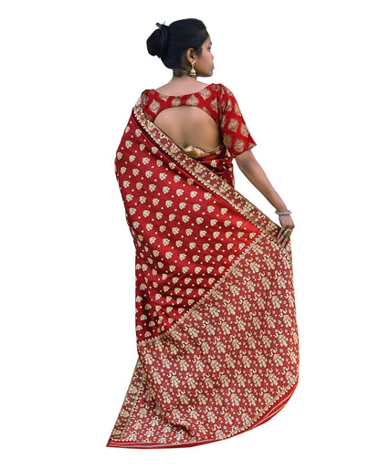 Vintage Red Pure Silk Saree Handwoven Asam Sari with Floral Design Antique Indian Wedding Saree 5yd Fabric