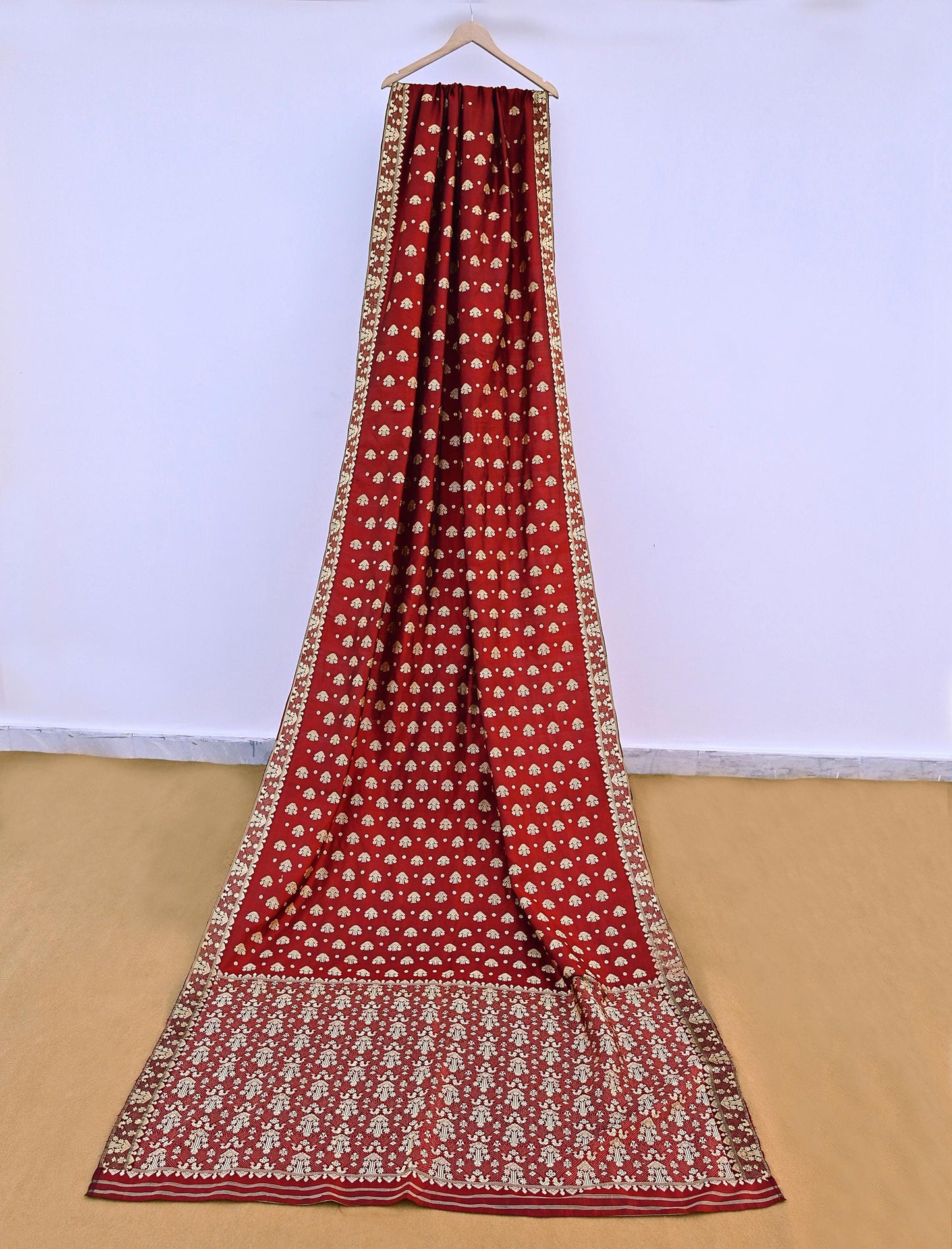 Vintage Red Pure Silk Saree Handwoven Asam Sari with Floral Design Antique Indian Wedding Saree 5yd Fabric