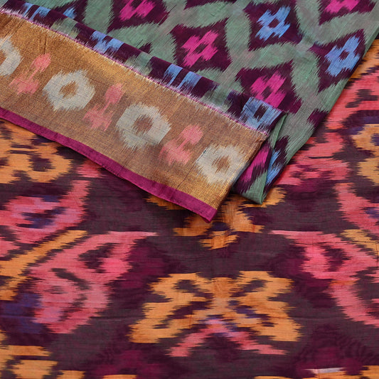 Indian Vintage Maroon & Green Saree Pure Silk Pochampally Hand Woven Ikat Sari Craft Fabric 5Yd Ethnic Zari Border Dress making Fringes