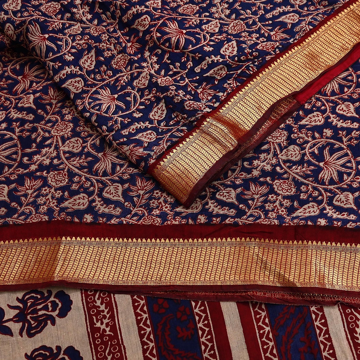 Indian Vintage Sari Blue chanderi Silk Bagru Printed Saree 5Yd Fabric Floral Soft Zari Border Ethnic Upcycle Crafting Dress making