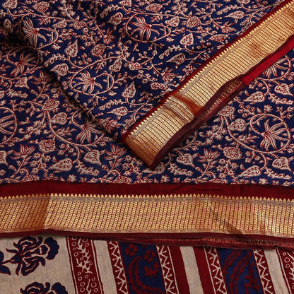 Indian Vintage Sari Blue chanderi Silk Bagru Printed Saree 5Yd Fabric Floral Soft Zari Border Ethnic Upcycle Crafting Dress making