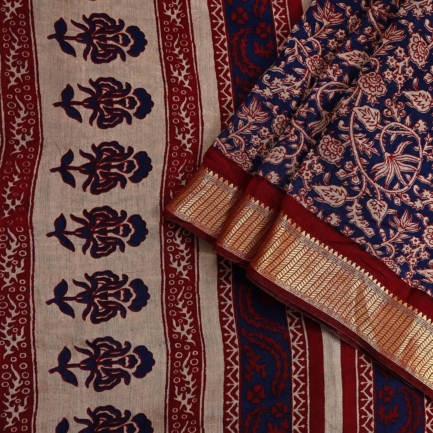 Indian Vintage Sari Blue chanderi Silk Bagru Printed Saree 5Yd Fabric Floral Soft Zari Border Ethnic Upcycle Crafting Dress making