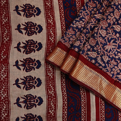 Indian Vintage Sari Blue chanderi Silk Bagru Printed Saree 5Yd Fabric Floral Soft Zari Border Ethnic Upcycle Crafting Dress making