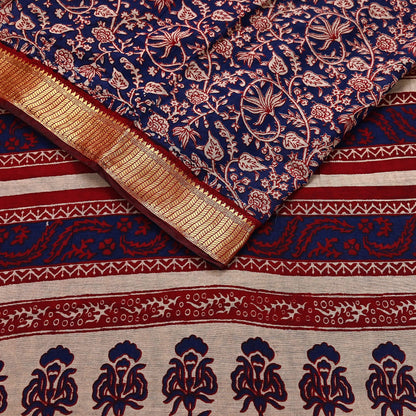 Indian Vintage Sari Blue chanderi Silk Bagru Printed Saree 5Yd Fabric Floral Soft Zari Border Ethnic Upcycle Crafting Dress making