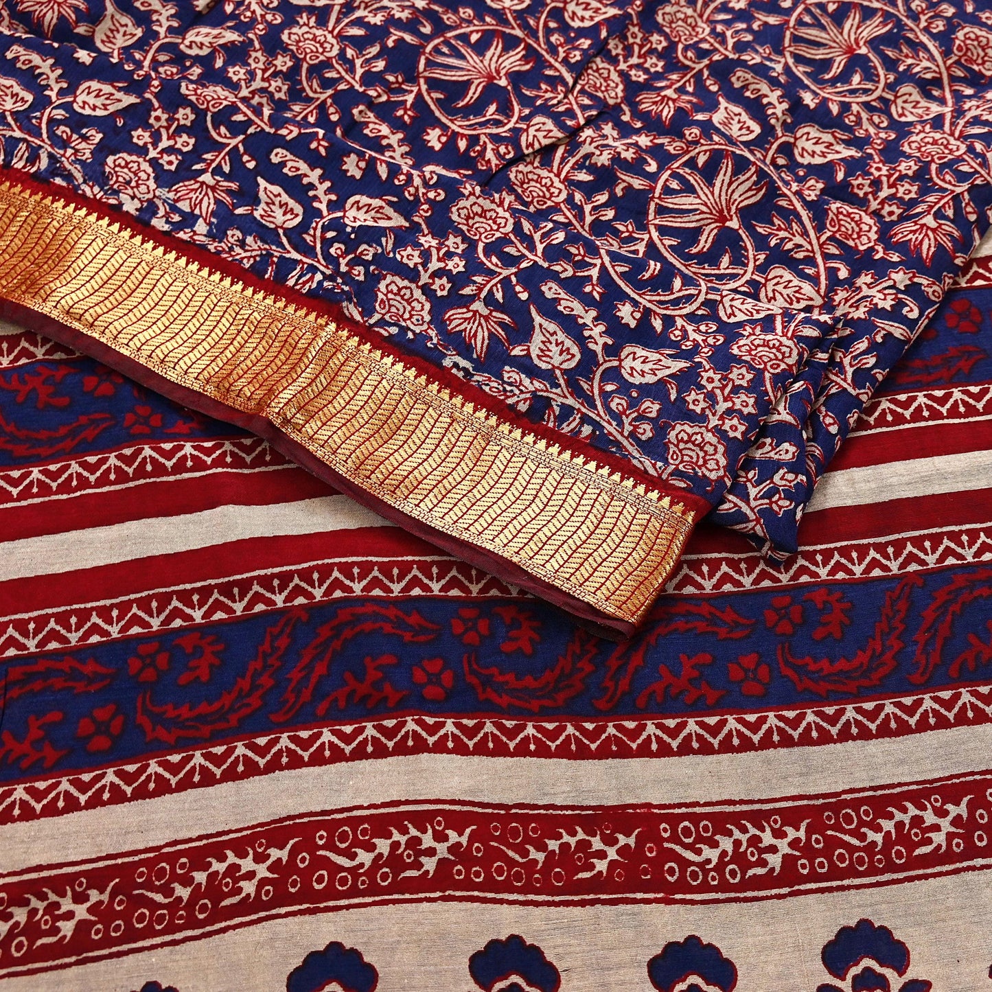 Indian Vintage Sari Blue chanderi Silk Bagru Printed Saree 5Yd Fabric Floral Soft Zari Border Ethnic Upcycle Crafting Dress making