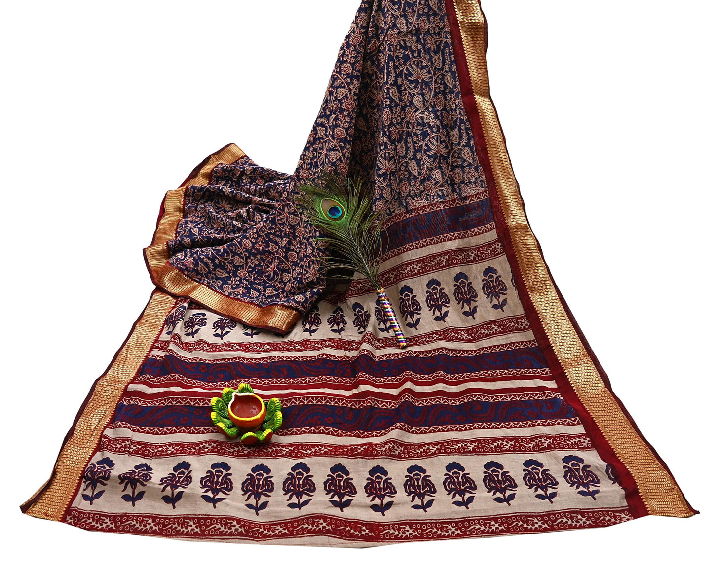 Indian Vintage Sari Blue chanderi Silk Bagru Printed Saree 5Yd Fabric Floral Soft Zari Border Ethnic Upcycle Crafting Dress making