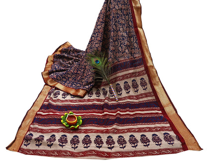 Indian Vintage Sari Blue chanderi Silk Bagru Printed Saree 5Yd Fabric Floral Soft Zari Border Ethnic Upcycle Crafting Dress making