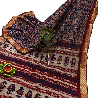 Indian Vintage Sari Blue chanderi Silk Bagru Printed Saree 5Yd Fabric Floral Soft Zari Border Ethnic Upcycle Crafting Dress making