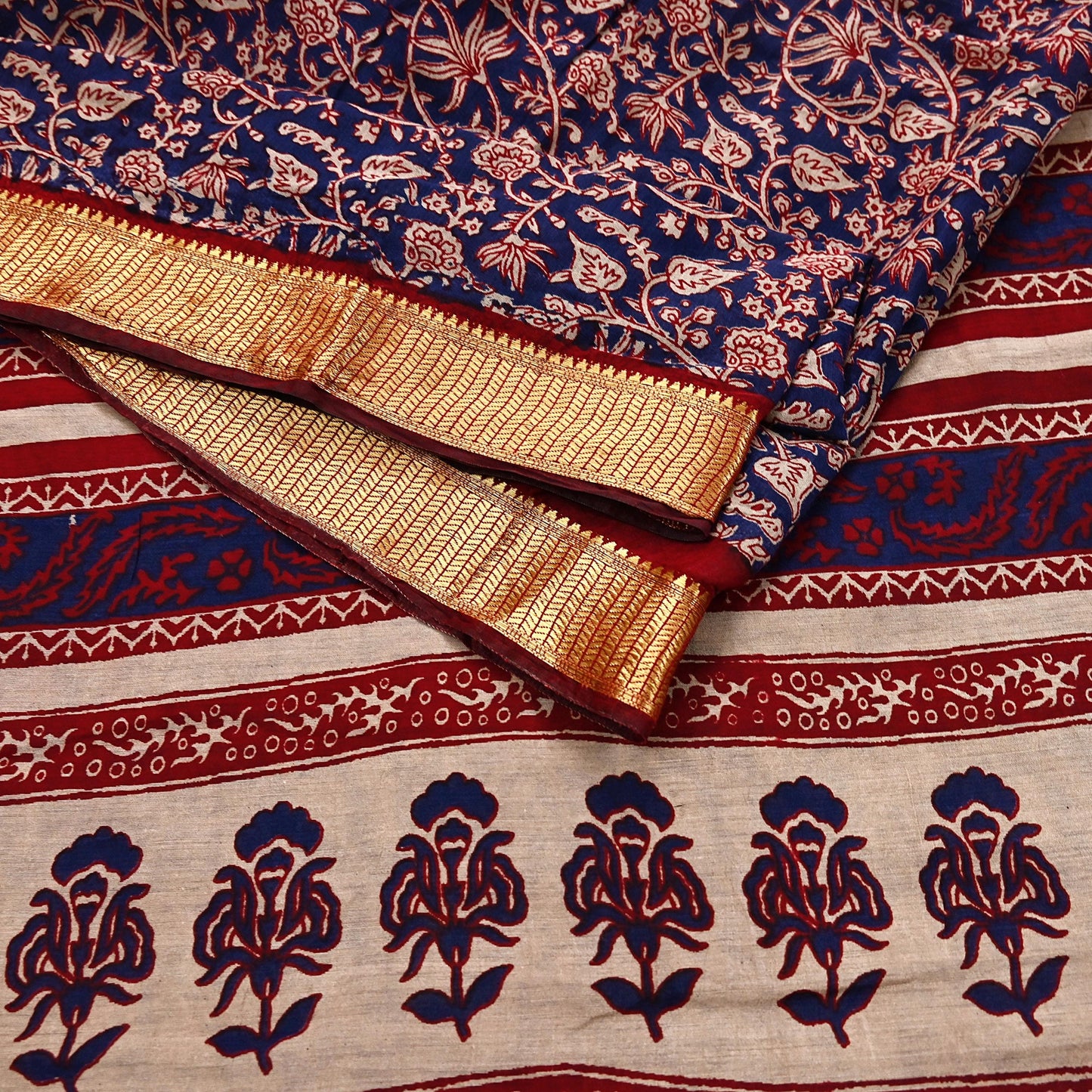 Indian Vintage Sari Blue chanderi Silk Bagru Printed Saree 5Yd Fabric Floral Soft Zari Border Ethnic Upcycle Crafting Dress making