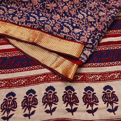 Indian Vintage Sari Blue chanderi Silk Bagru Printed Saree 5Yd Fabric Floral Soft Zari Border Ethnic Upcycle Crafting Dress making